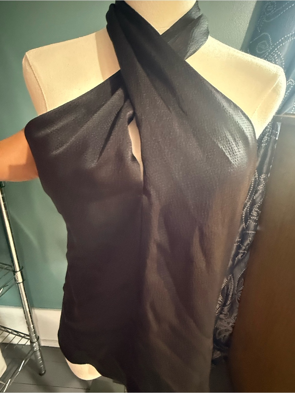 KLD Black Satin Halter Top Criss Cross High Neck-Size Small, Made in USA